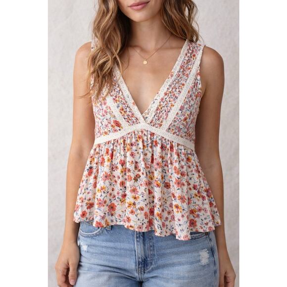 Blue Rain Tops - Image of Blue Rain Blue Floral Boho Babydoll Tank Top Small